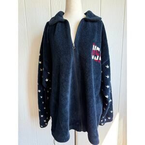 Vintage USA American Flag Sherpa Fleece Jacket Made in USA Patriotic Zip Up 2X